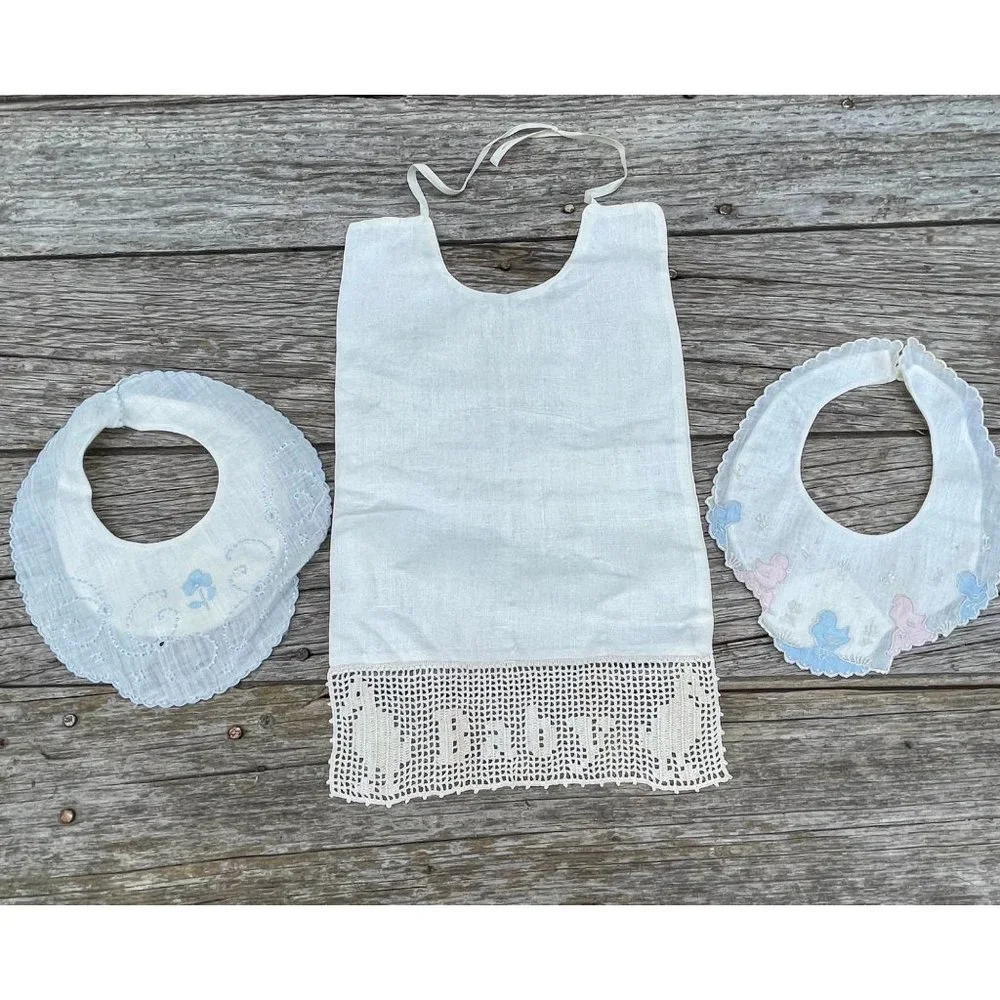Antique 1930s Baby Bib Lot Linen crochet Lace Embroidery